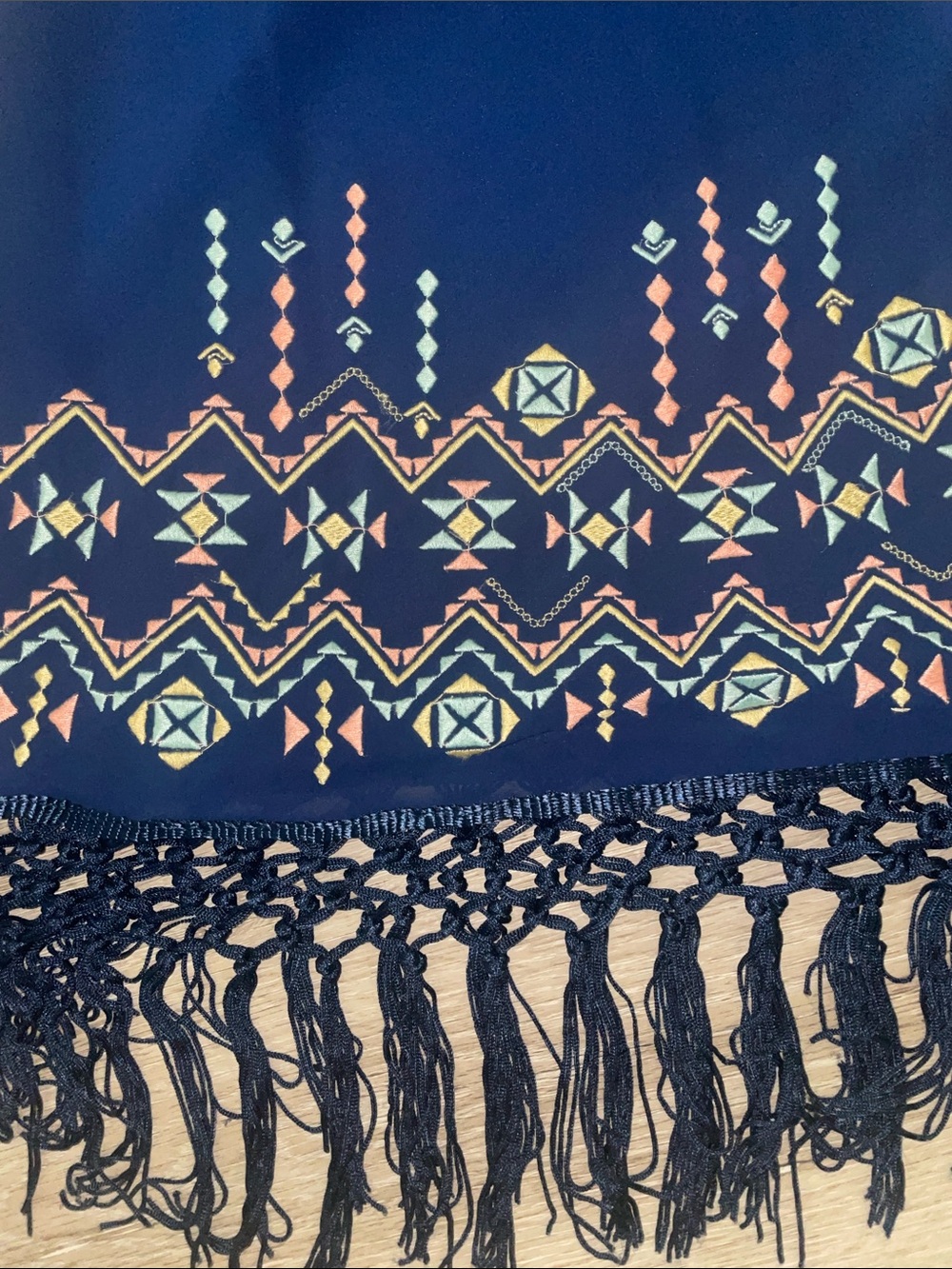 Last April by Naked Zebra | Navy Aztec Embroidered Fringe Slip Dress | Medium - Picture 2 of 7